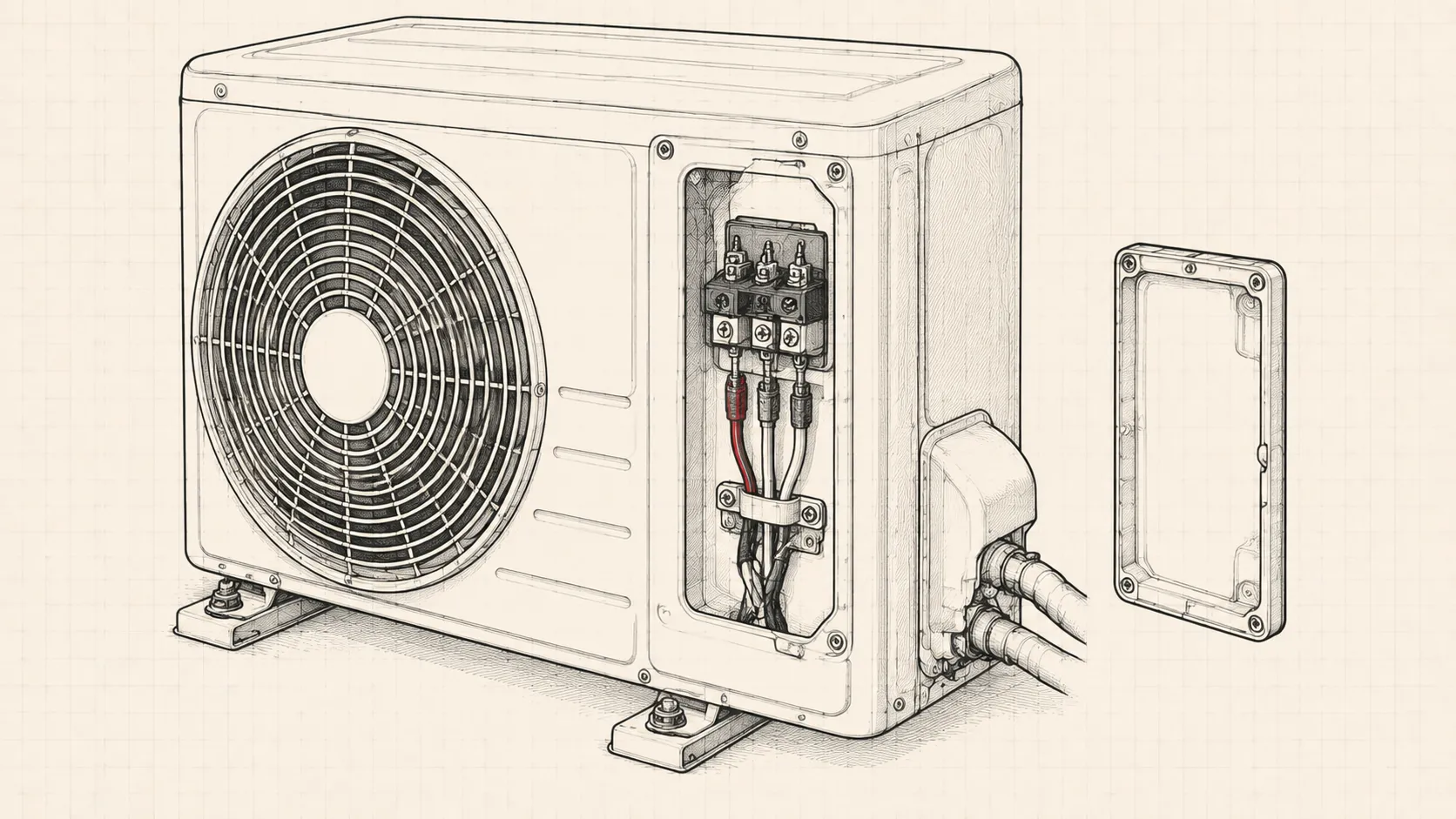 Line drawing of an outdoor air conditioner terminal block with its cover removed, showing three wires
