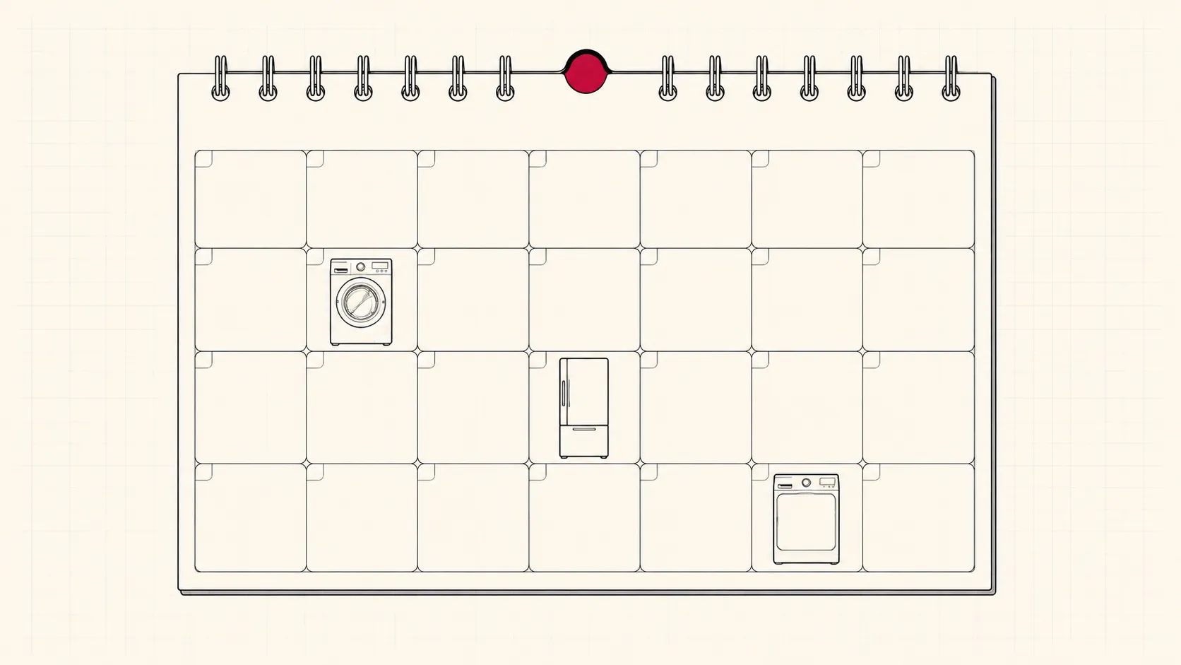 Line drawing of a wall calendar with washer, fridge and dryer icons marked on three dates