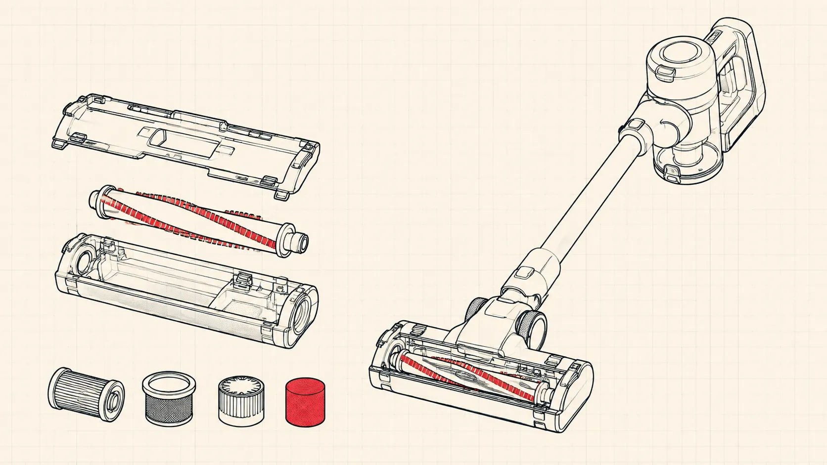 Cordless stick vacuum floor nozzle with brush bar and filter components visible