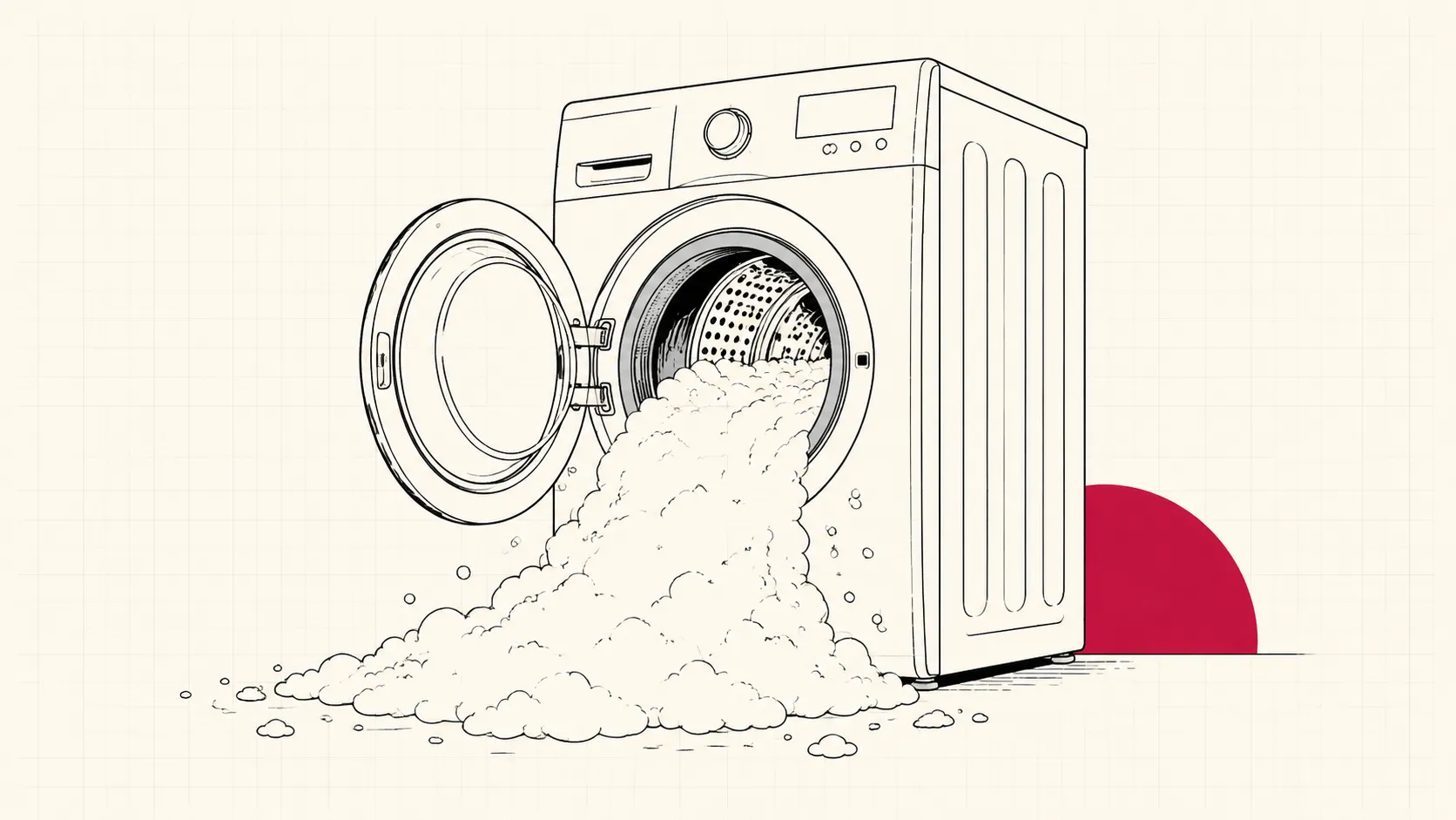 Line drawing of a front-load washing machine with foam pouring out of the open door