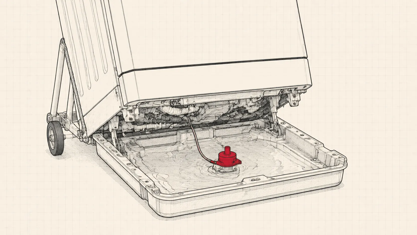 Line drawing of a dishwasher base tray with the float switch sitting in a puddle of water