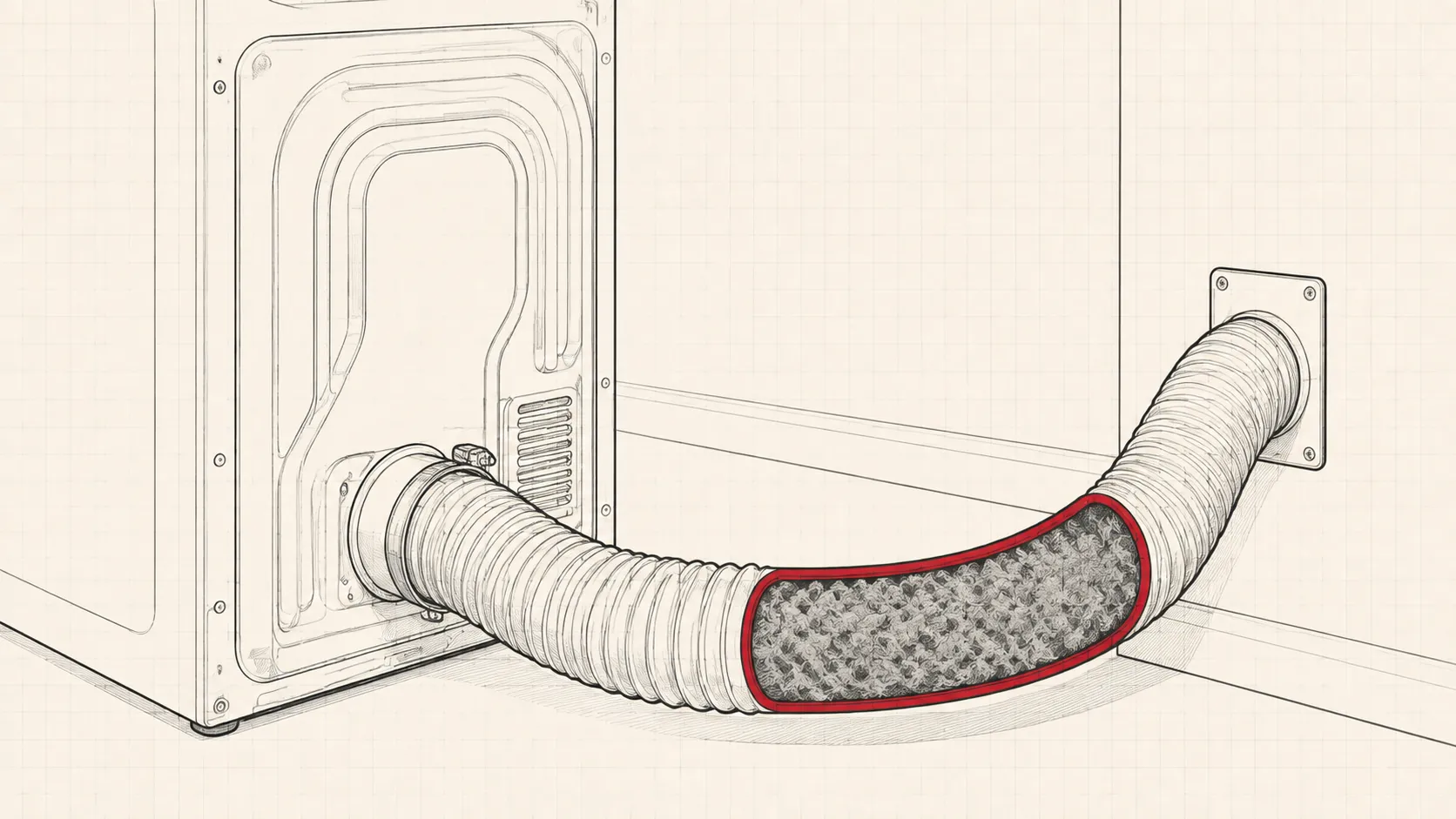 Cutaway line drawing of a dryer vent duct running to a wall outlet, blocked with lint