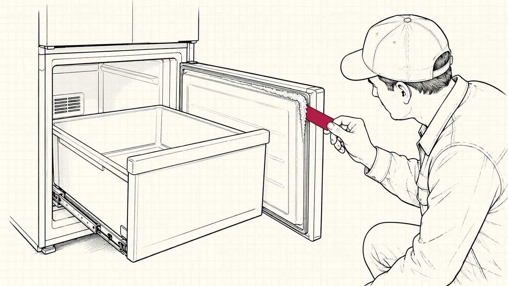 Technician checking a freezer drawer gasket where frost has formed along one corner