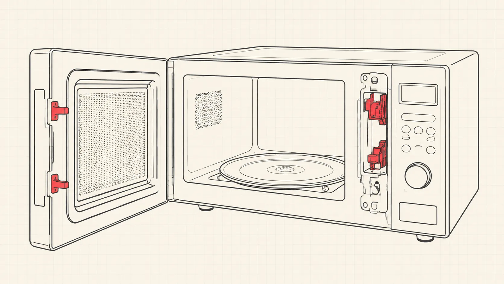 Microwave oven door latch and switch area