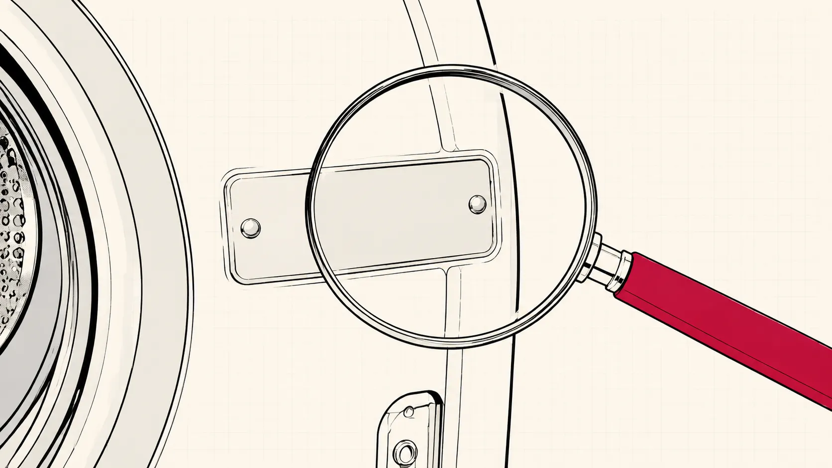 Line drawing of a blank appliance rating plate seen through a magnifying glass