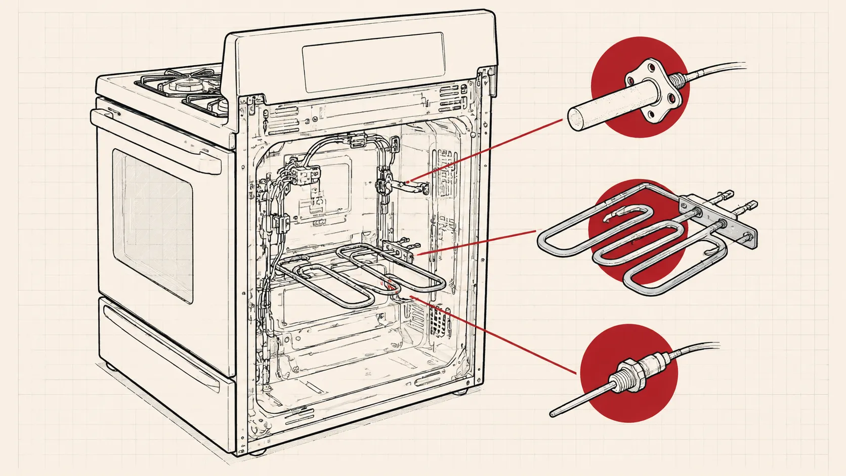 Open oven range showing bake element, igniter and temperature sensor