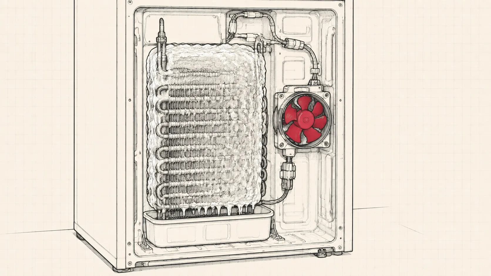 Line drawing of a refrigerator evaporator coil iced into a solid block behind the removed rear panel