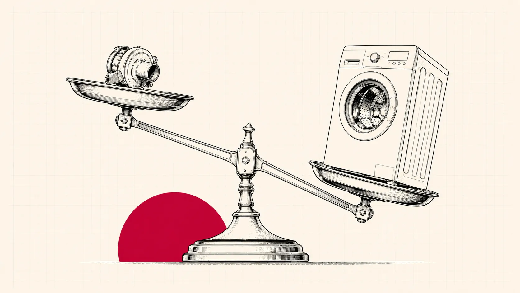 Line drawing of a balance scale weighing a spare part against a new washing machine
