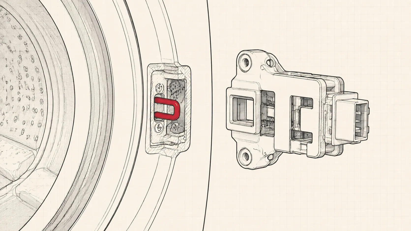 Cutaway line drawing of a washing machine door latch, striker and interlock assembly