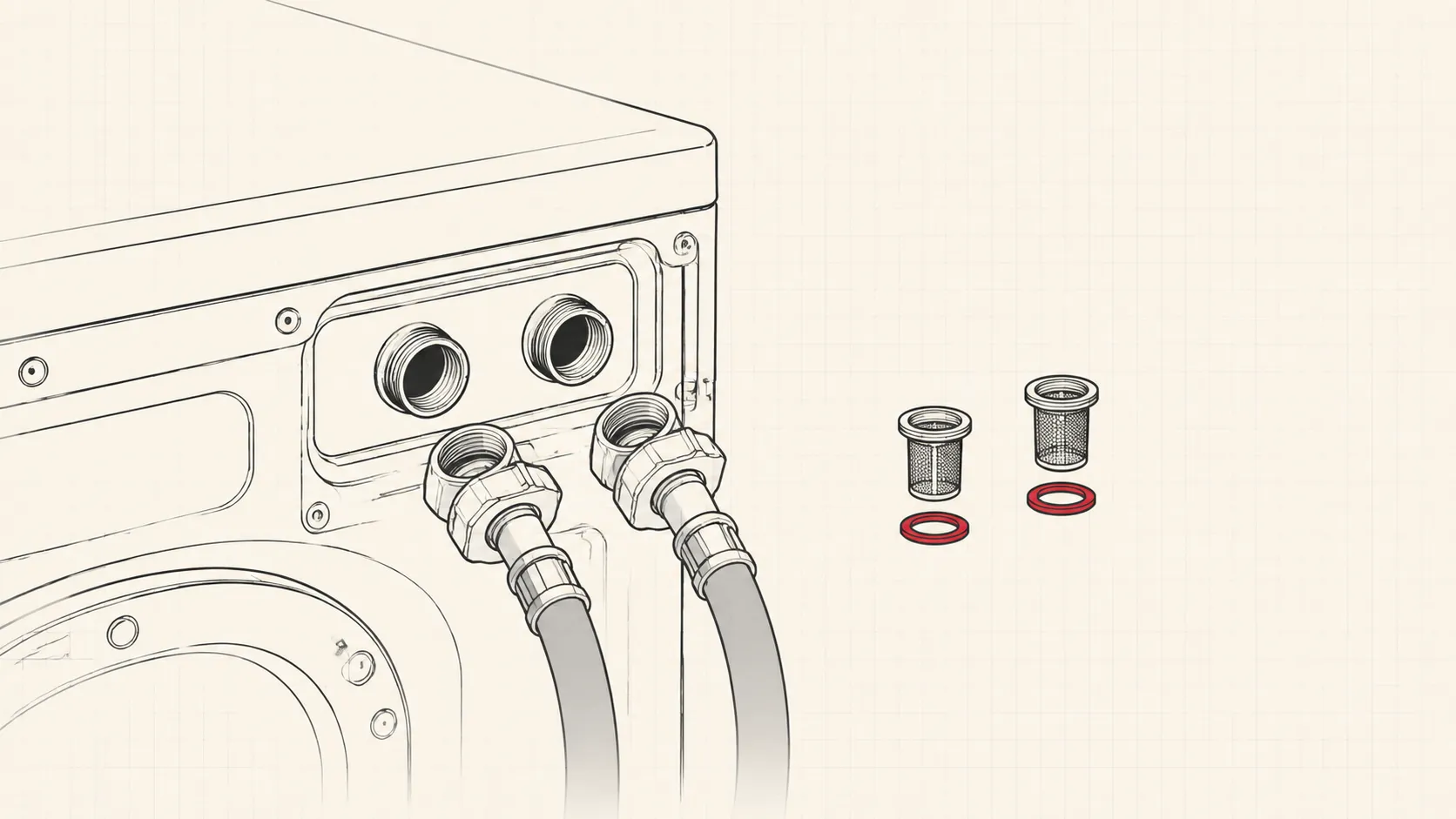 Line drawing of two washing machine inlet hoses with their mesh filter screens lifted out