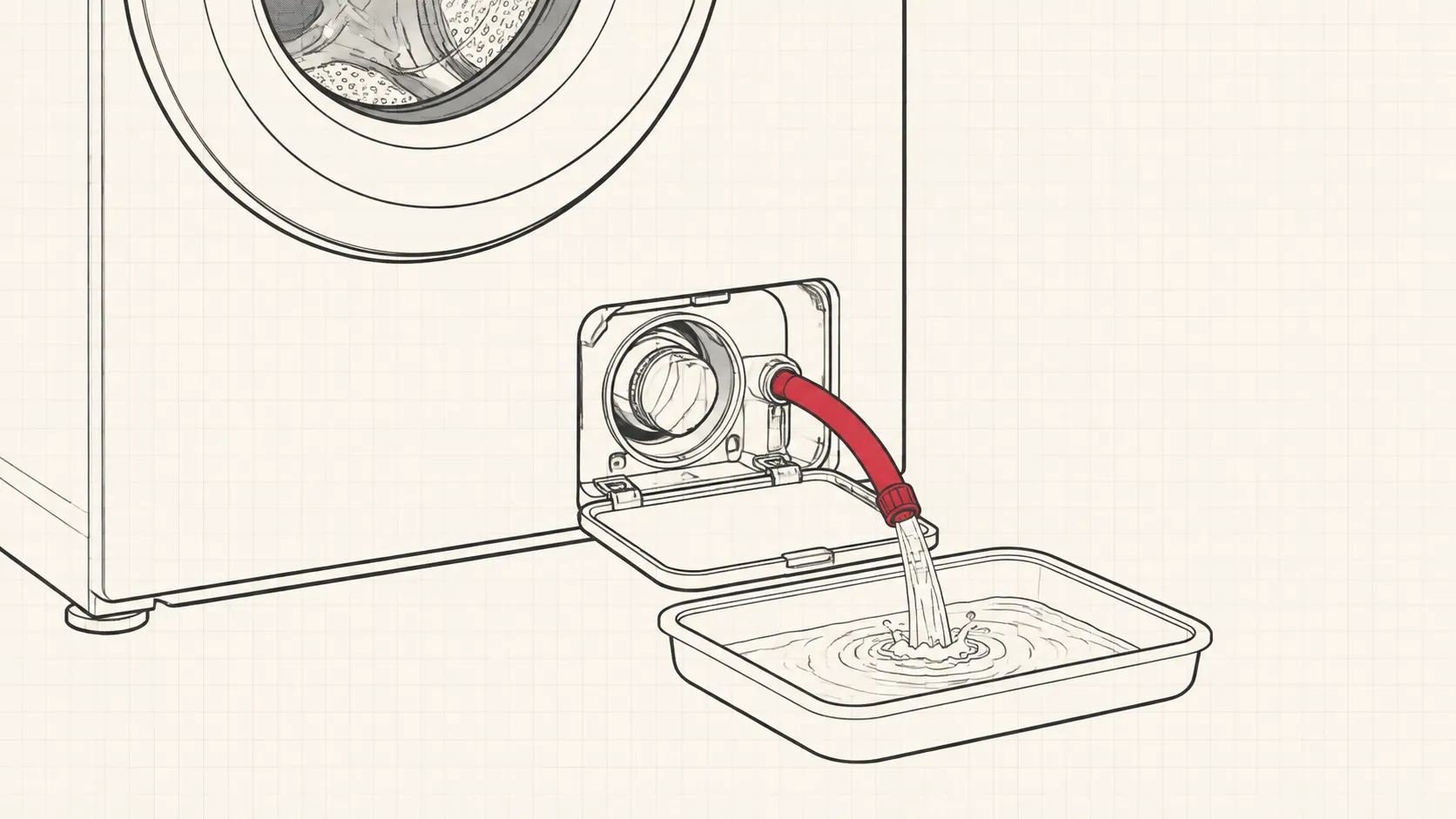 Line drawing of an open drain pump filter flap with the emergency drain tube running into a shallow tray