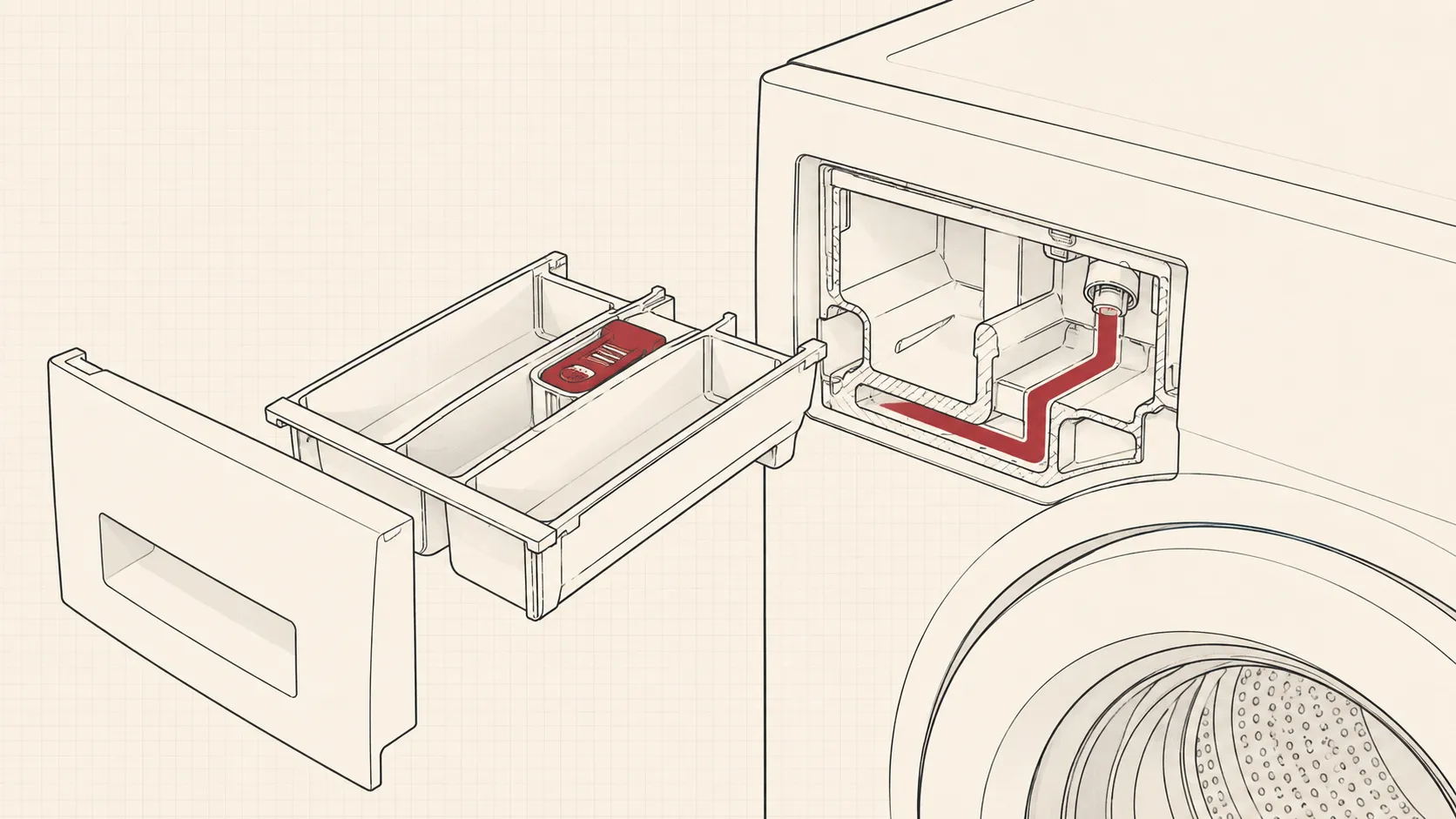 Line drawing of a washing machine dispenser drawer with tray and water channels