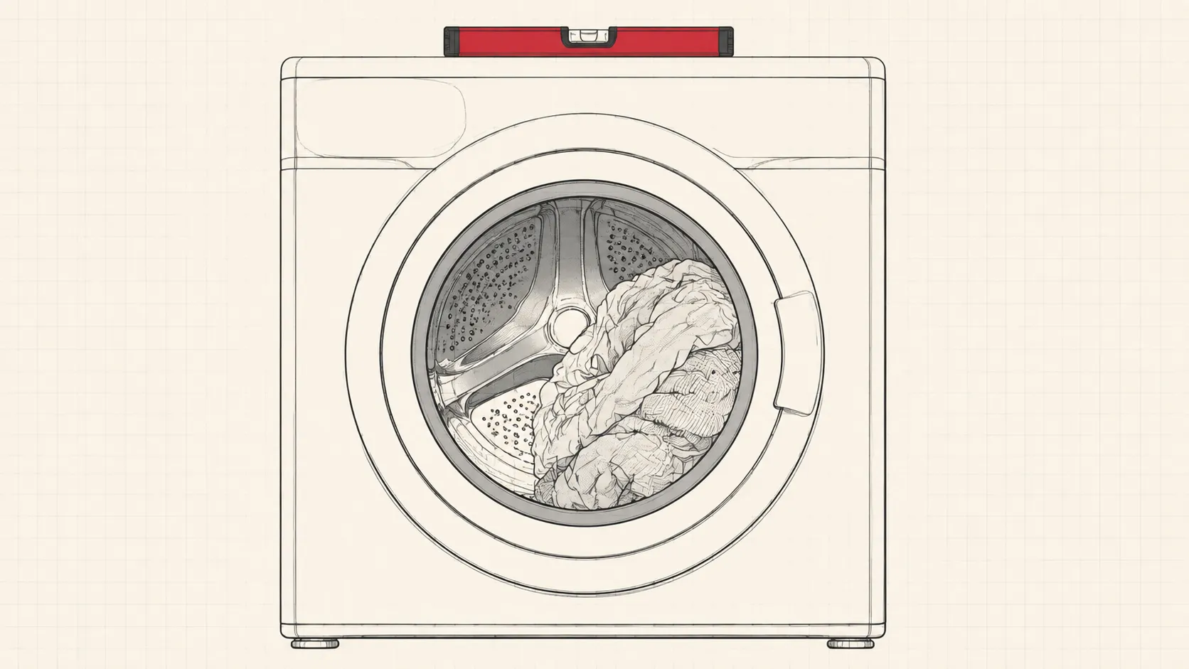 Line drawing of a washing machine drum with laundry bunched to one side and a spirit level on the top panel